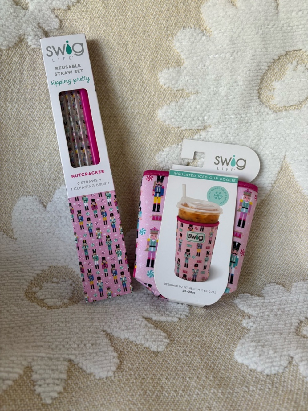 NWT Swig Life Nutcracker Pink Reusable Straw Set & Insulated Cup Cooler